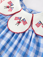 Girls 4th of July Plaid Twirl Dress Bow Embroidery Petals Collar