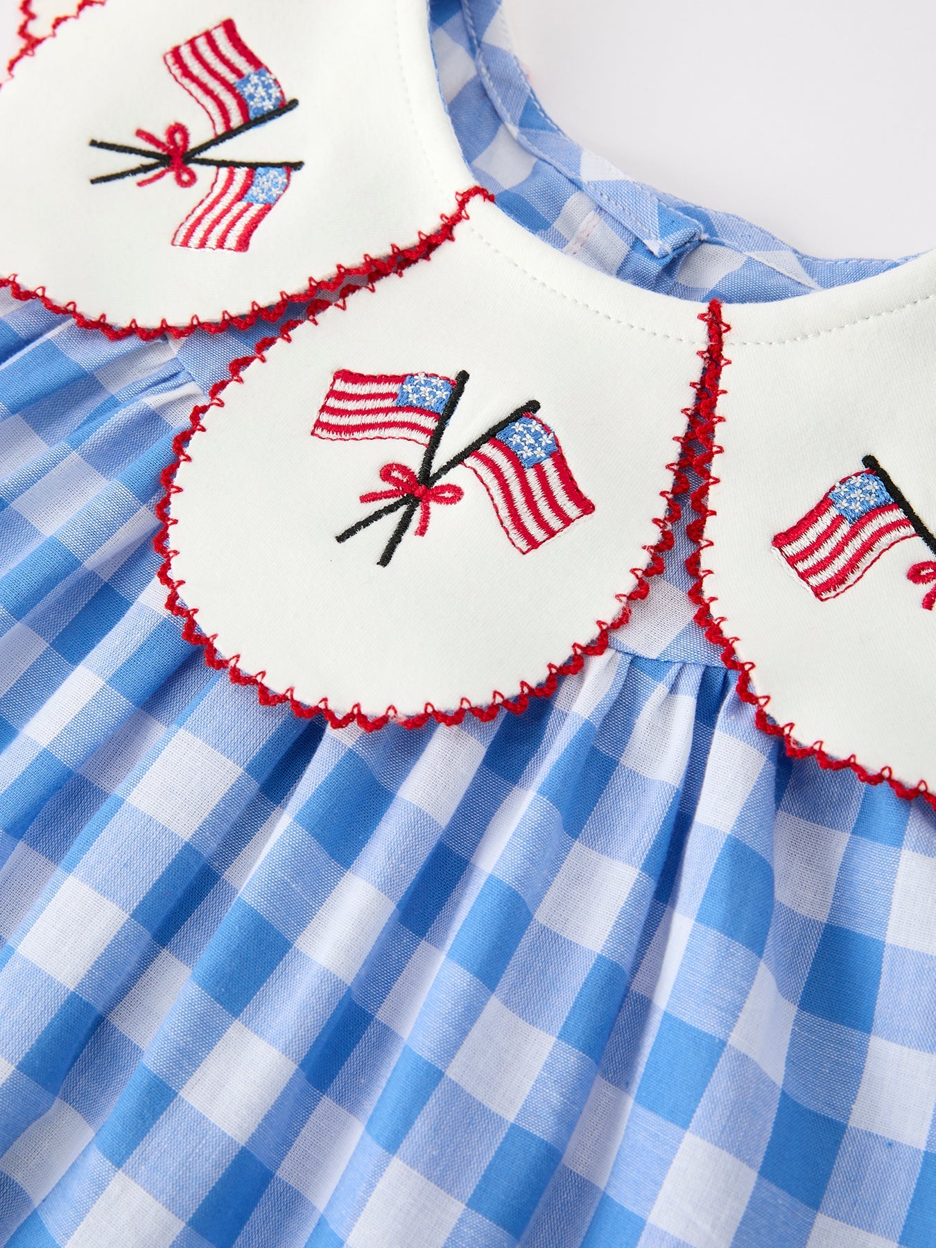 Girls 4th of July Plaid Twirl Dress Bow Embroidery Petals Collar