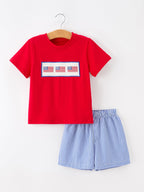 Girls 4th of July Flag Outfit Set Embroidery Plaid