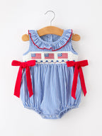 Girls 4th of July Plaid Romper Bow Smocked Embroidery