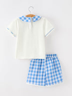 Girls 4th of July Plaid Outfit Set Flag Embroidery Peter Pan Collar