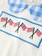 Girls 4th of July Plaid Outfit Set Flag Embroidery Peter Pan Collar