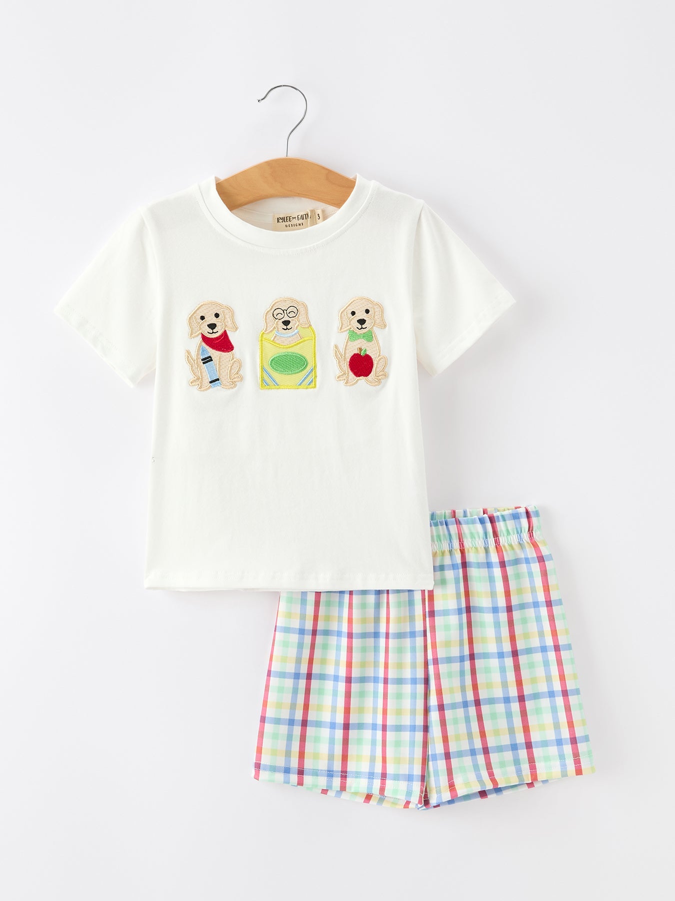 Boys Back To School Dog Plaid Short Set Applique