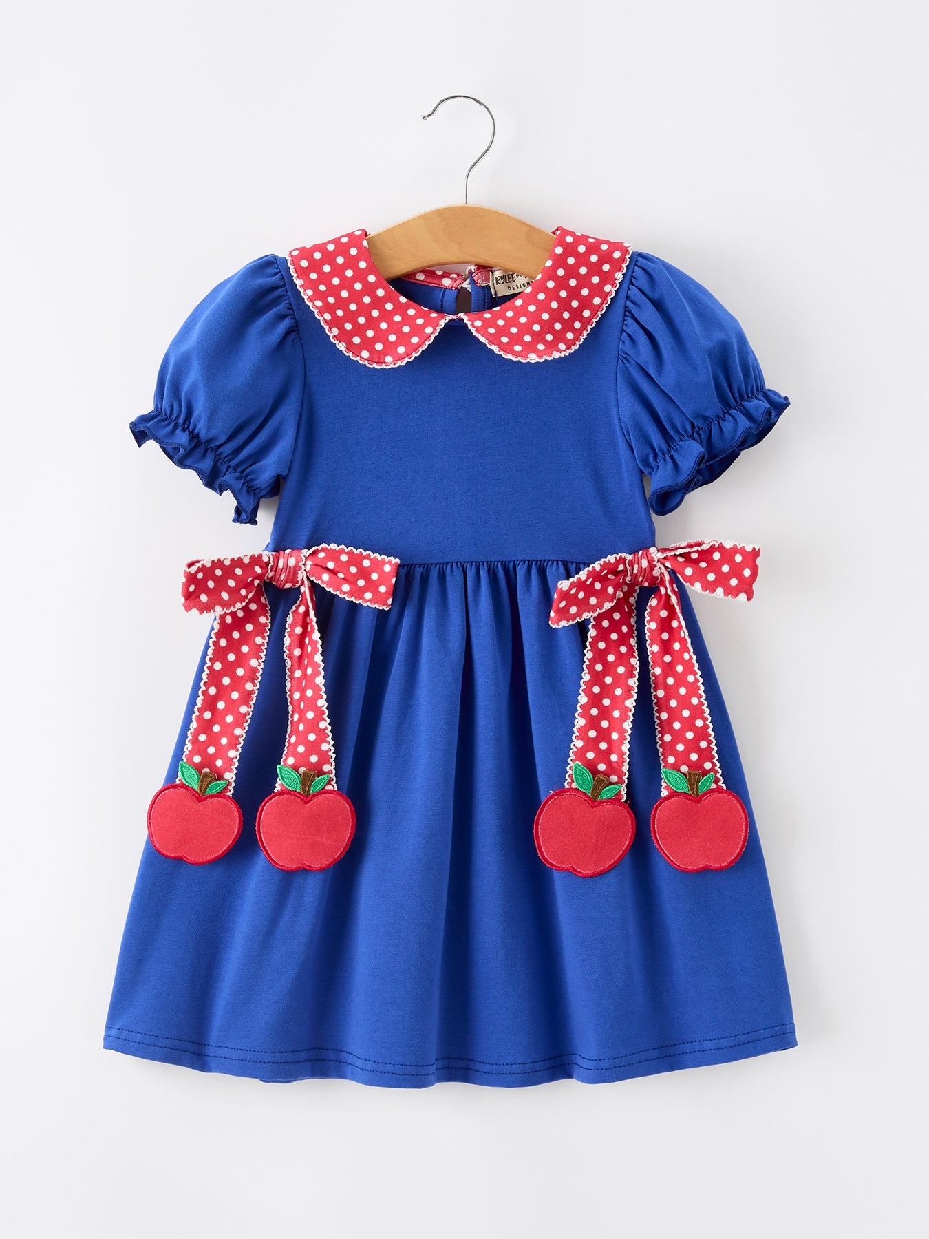 Girls Back To School Apple Polka Dot Petals Collar Bow Dress