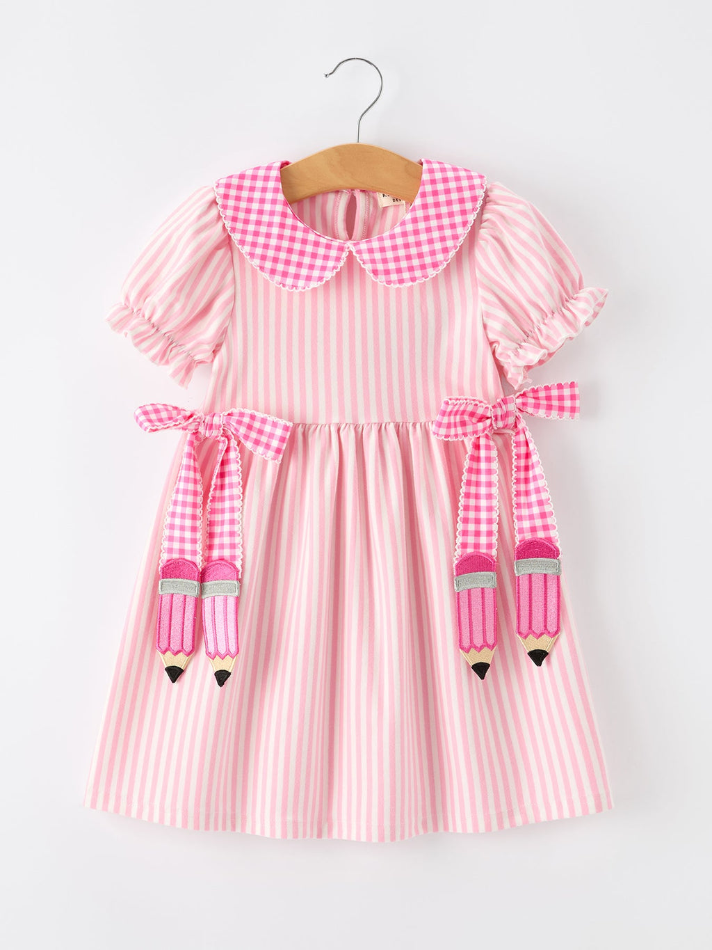 Girls Back To School Pink Plaid Petals Collar Pencil Applique Dress