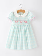 Spring Plaid Bow Girls Dress Smocked Petals Collar Puff Sleeve