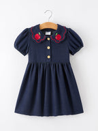 Back to School Apple Applique Girls Dress Petals Collar