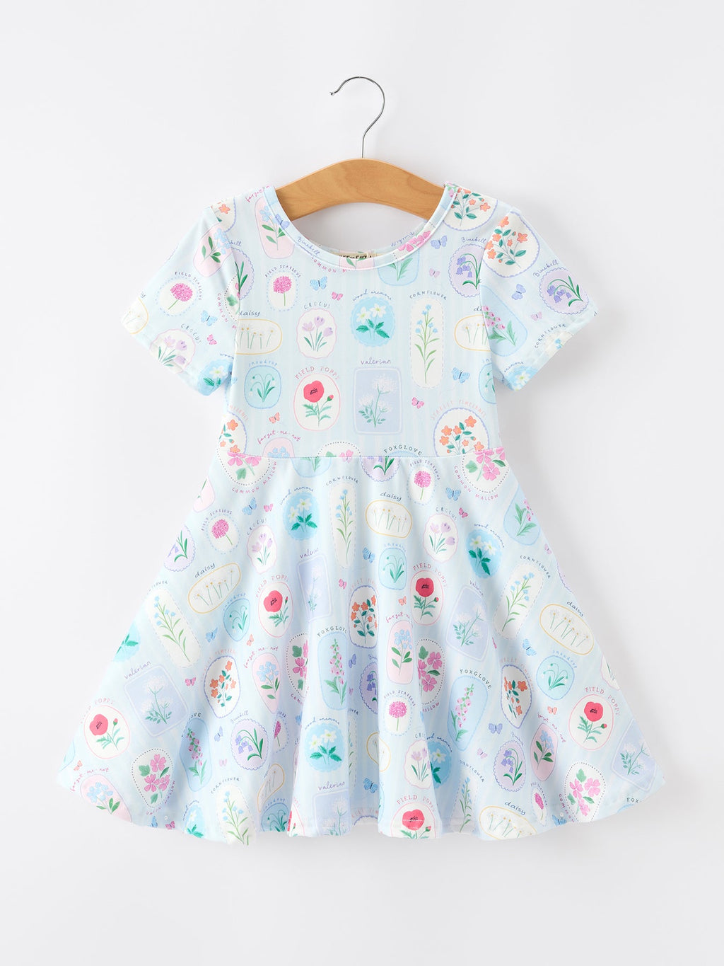 Summer Floral Botanical Girls Dress Blue Short Sleeve