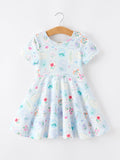 Summer Floral Botanical Girls Dress Blue Short Sleeve