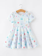 Summer Floral Botanical Girls Dress Blue Short Sleeve