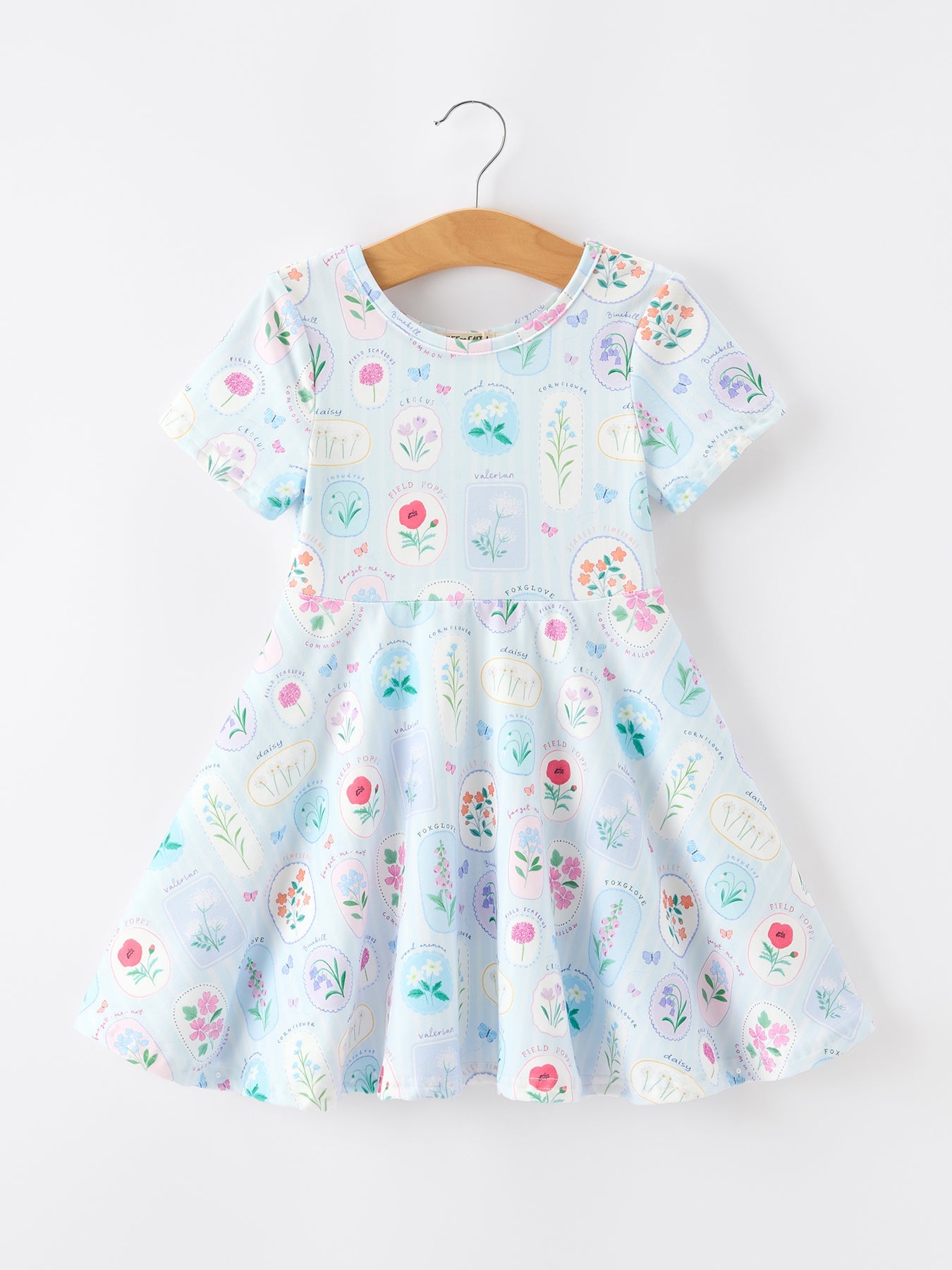 Summer Floral Botanical Girls Dress Blue Short Sleeve