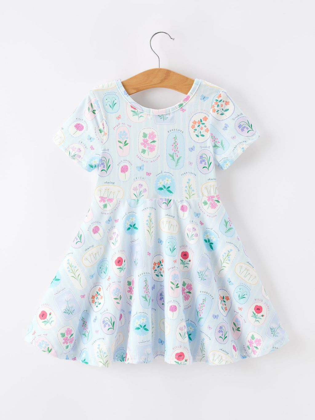 Summer Floral Botanical Girls Dress Blue Short Sleeve