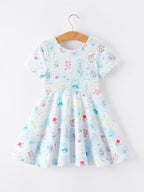 Summer Floral Botanical Girls Dress Blue Short Sleeve