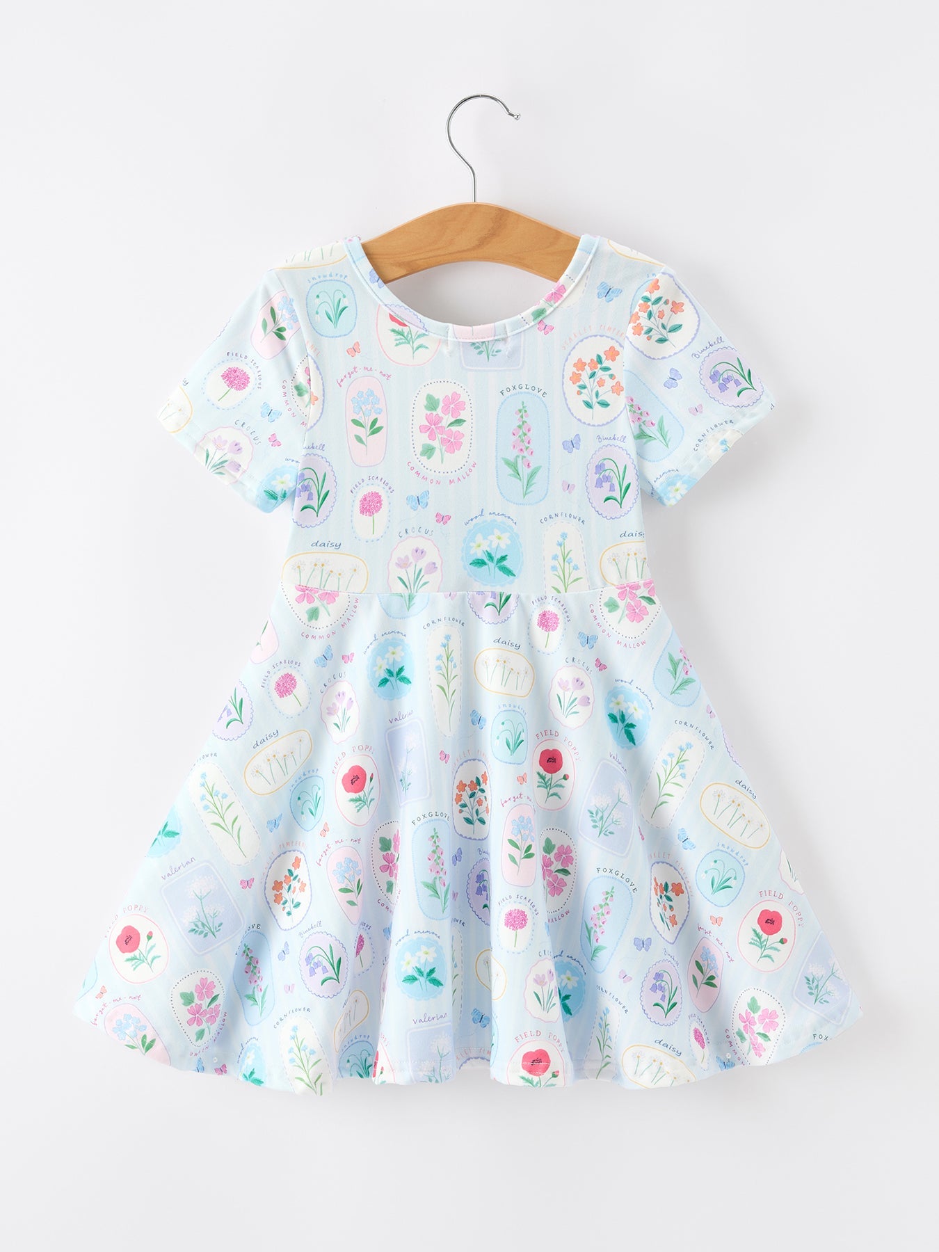 Summer Floral Botanical Girls Dress Blue Short Sleeve