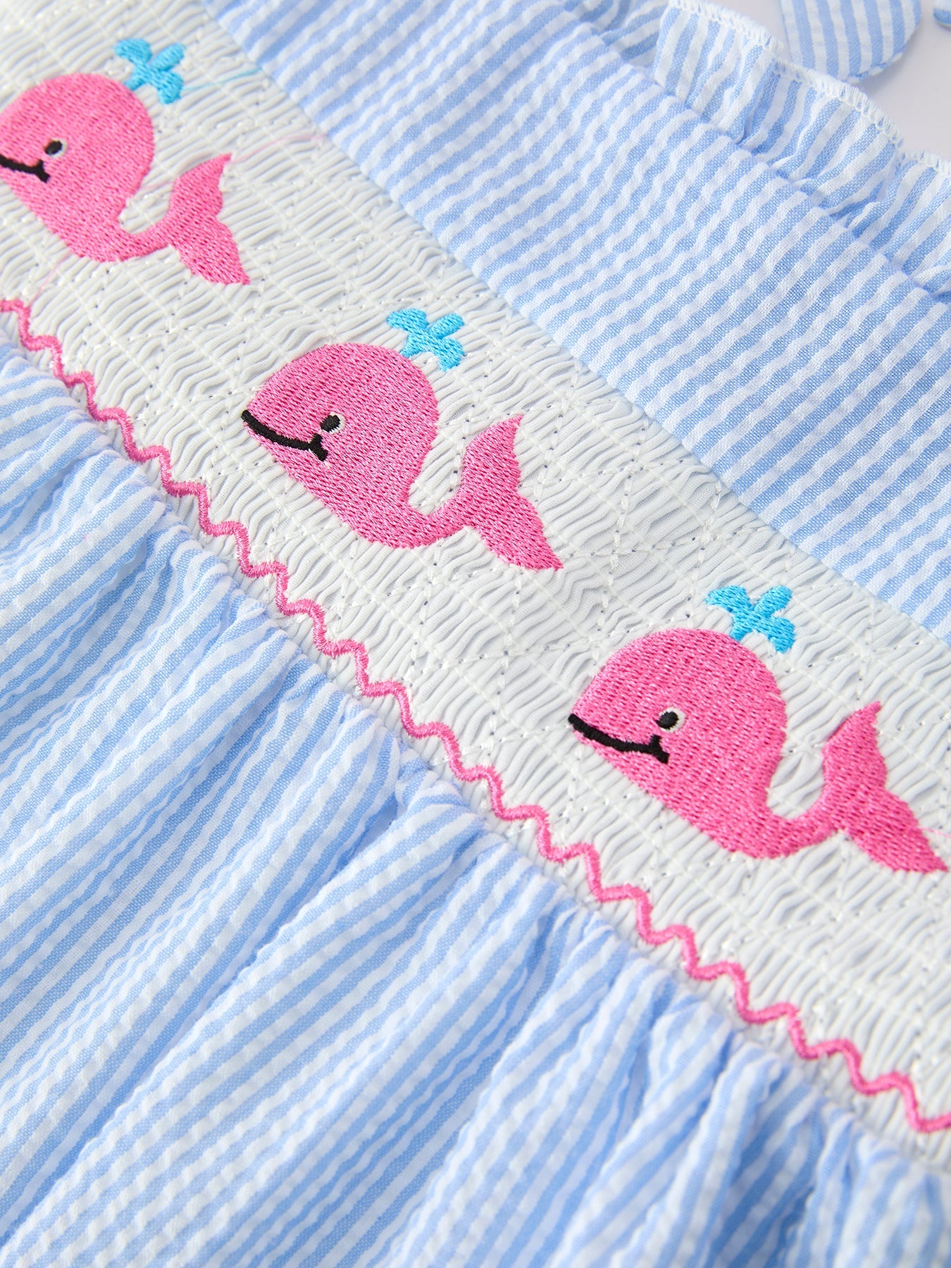 Whale Embroidered Smocked Seersucker Girls Dress Bow