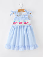Whale Embroidered Smocked Seersucker Girls Dress Bow