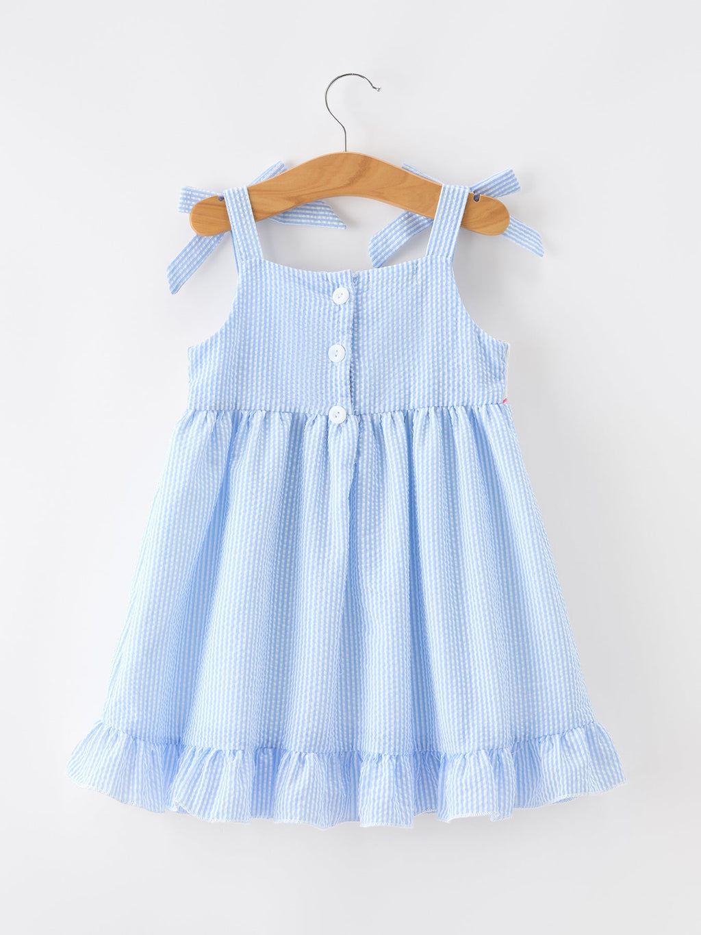 Whale Embroidered Smocked Seersucker Girls Dress Bow