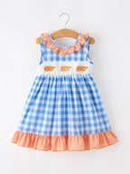 Summer Whale Embroidery Girls Dress Plaid Ruffle Collar
