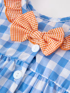 Summer Whale Embroidery Girls Dress Plaid Ruffle Collar