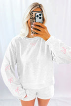 Sachet Pink Girly Bow Embroidered Detail Puff Sleeve Pullover 2pcs Short Set