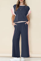 Sky Blue Color Block Detail Casual Two-piece Outfit