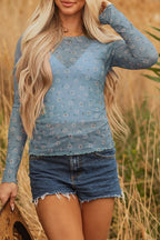 Sky Blue Vintage Floral Print Southern Style Mesh Long Sleeve Top