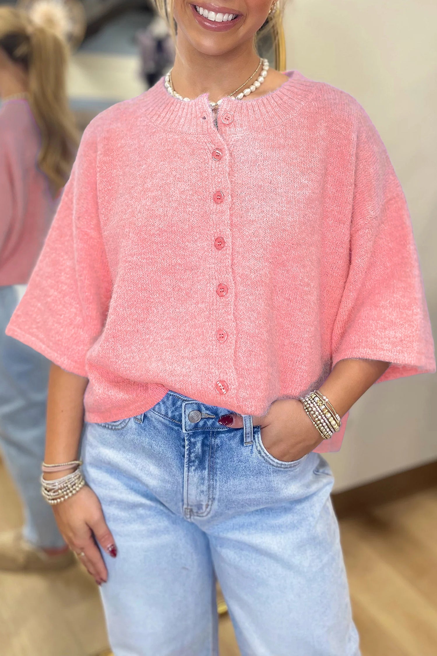 Beau Blue 3/4 Sleeve Boxy Knit Button Down Sweater Cardigan