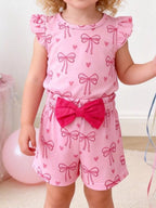 Children's Bowknot Ruffle Sleeve Top and Shorts Set