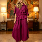 Women's Plus Size Belted Shirt & Wide-Leg Pants Two-Piece Set