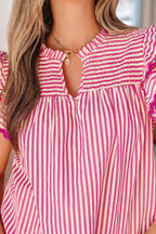 Rose Stripe Shirred Yoke Ruffled Short Sleeve Blouse