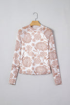 Brown Thumbhole Long Sleeve Floral Print Mesh Top