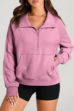 Smoke Green Quarter Zip Stand Neck Kangaroo Pocket Sweatshirt