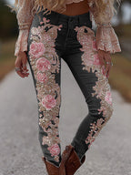 Womens Fashionable Casual Straight Denim Jeans With Floral Print