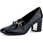 New Jenn Ardor Womens Size 8.5 Black Faux Leather Gold Chain 3" Block Heel Shoes