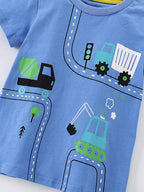 Children's Cartoon Construction Vehicle Print Short Sleeve T-Shirt