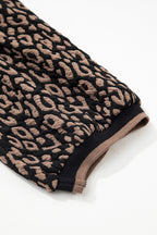 Black Leopard Print Puffy Bracelet Sleeve Contrast Trim Round Neck Top