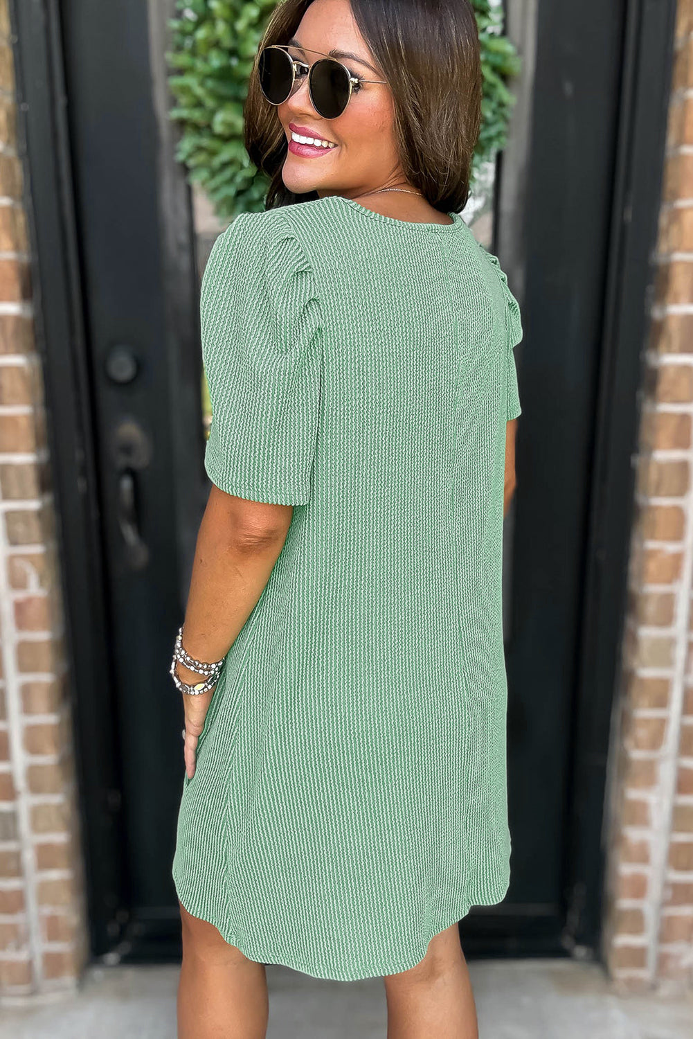 Bright Pink Corded Crew Neck Puff Sleeve Mini Dress