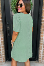 Bright Pink Corded Crew Neck Puff Sleeve Mini Dress
