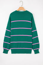 Green Stripe Half Buttons Drop Shoulder Plus Size Sweater
