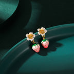 Enamel Strawberry Silver Needle Earrings For Women