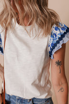 Rose Floral Striped Patchwork Flutter Sleeve Blouse