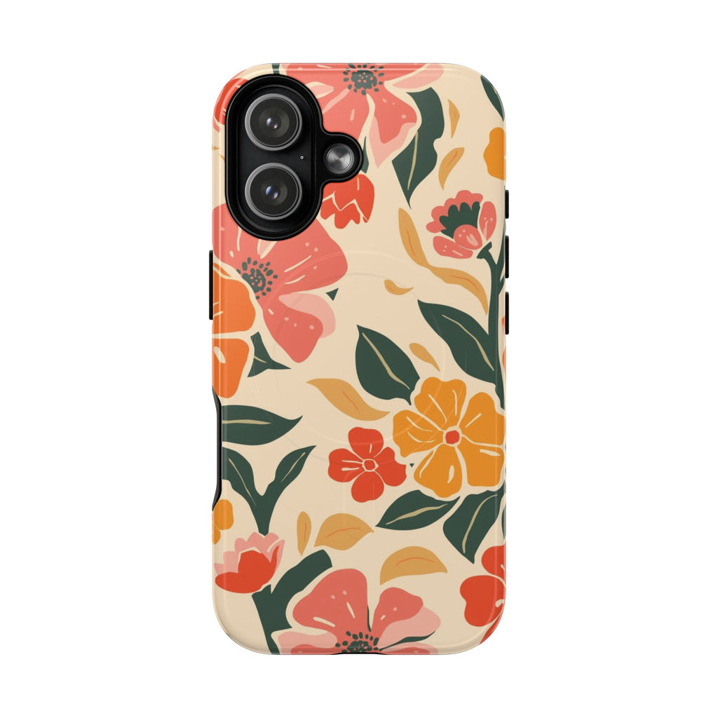 Floral Tough Magnetic Phone Case Retro Pink & Orange Blossom Protective Cover