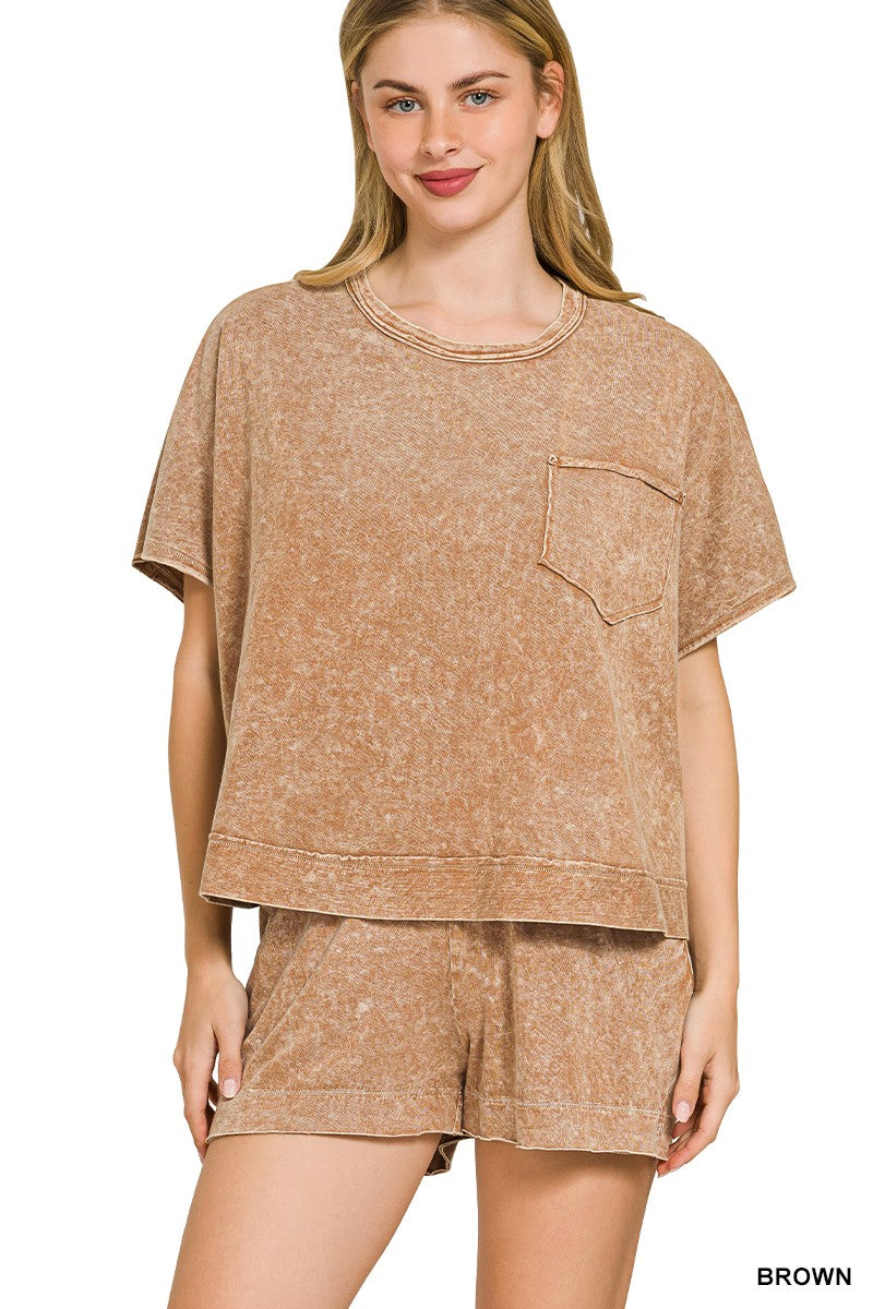 Zenana Halo Snow Washed Boxy Top & Shorts Set