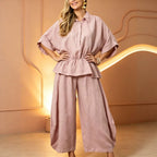 Women's Plus Size Belted Shirt & Wide-Leg Pants Two-Piece Set