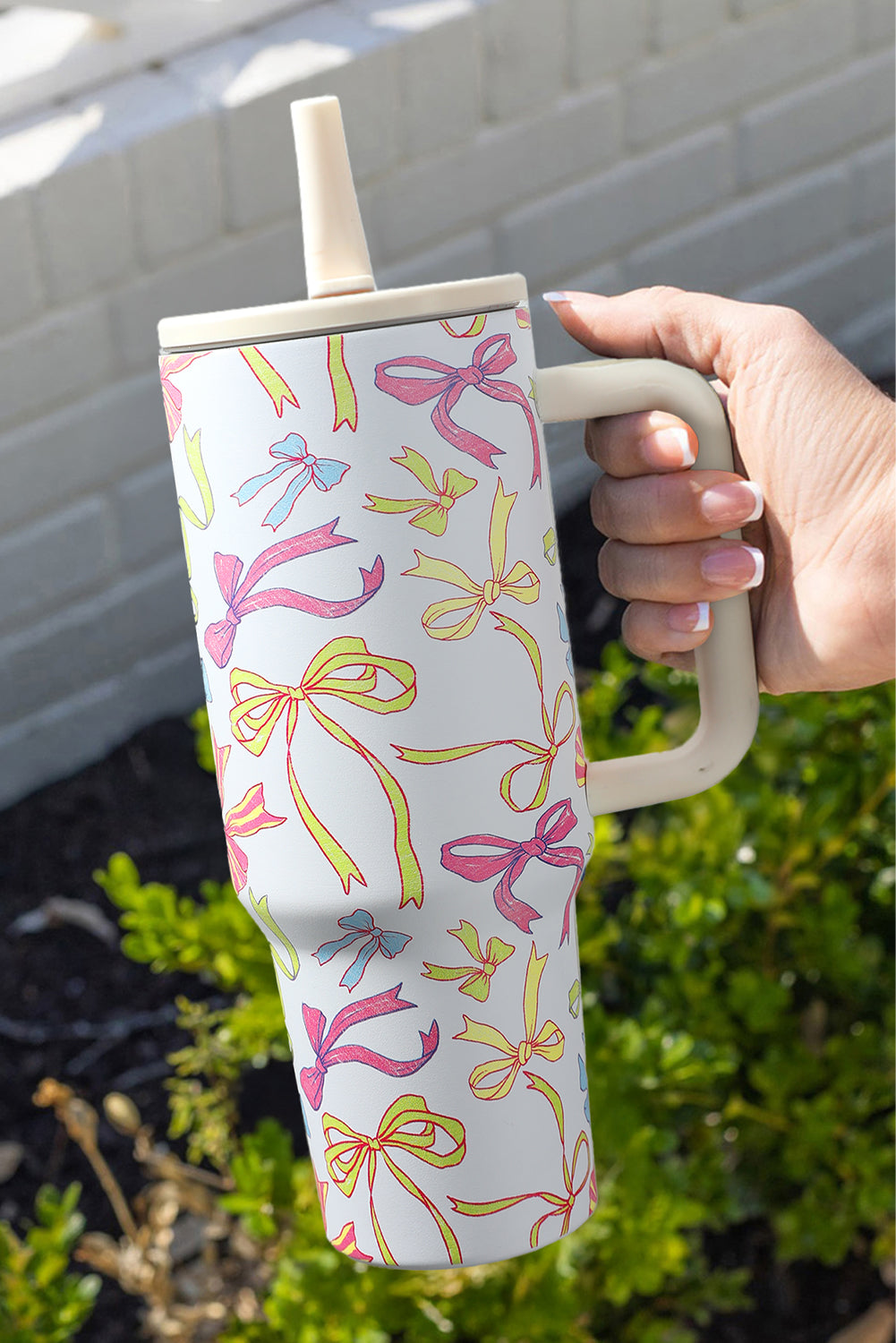 White Bow Print Stainless Steel Tumbler Cup