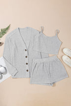 Light Grey 3 Pieces Rib Crop Camisole Matching Shorts Lounge Set with Cardigan