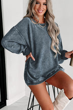 Pink Solid Ribbed Round Neck Pullover Sweatshirt