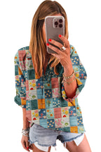 Sky Blue Floral Patchwork Collared V Neck Blouse