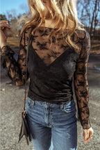 Mesh Crochet Patchwork Slim Fit Long Sleeve Blouse