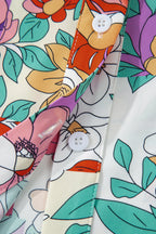 Pink Floral Print Patchwork Frilly Neckline Long Sleeve Shirt